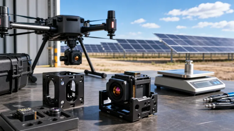 Drone thermal camera module payload preparation beside a UAV frame and solar inspection field