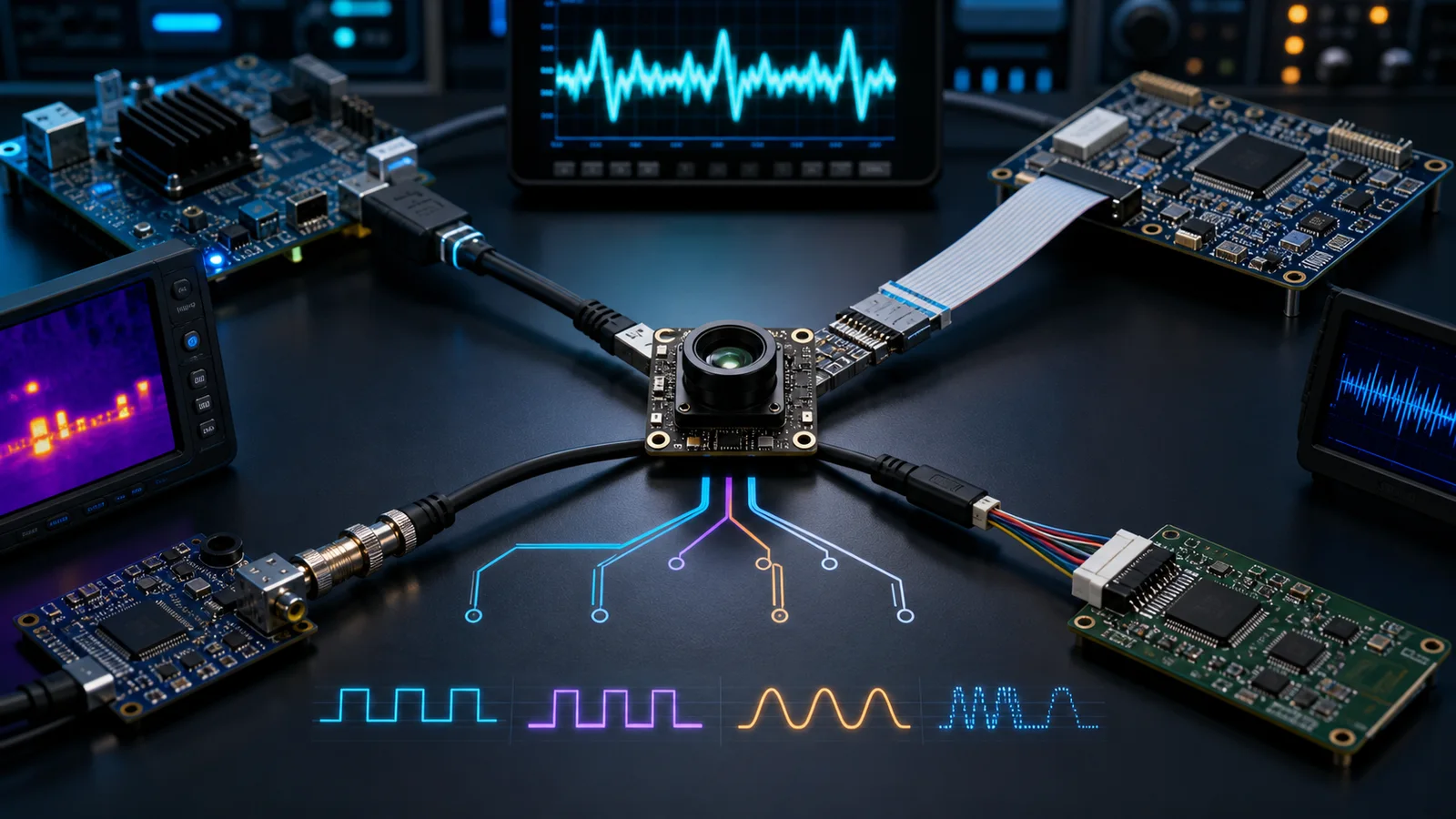 W&auml;rmebildkameramodul angeschlossen an mehrere Schnittstellenplatinen und Kabelwege zur Design&uuml;berpr&uuml;fung f&uuml;r USB, MIPI, CVBS und DVP