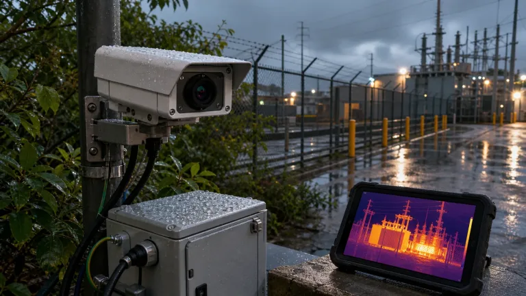 Uncooled LWIR thermal module in weatherproof outdoor monitoring housing near industrial perimeter after rain