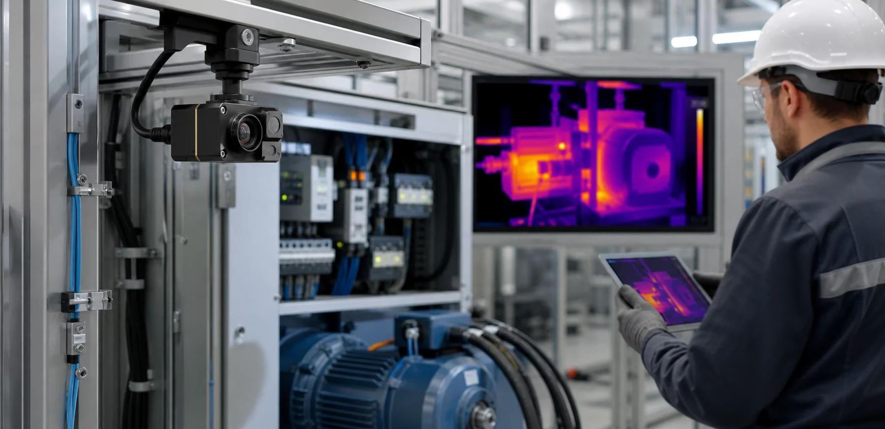 Compact LWIR thermal imaging module monitoring an industrial motor and electrical cabinet