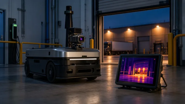 camera cores mobile robot thermal stack review scene with compact AMR and dock-door thermal display