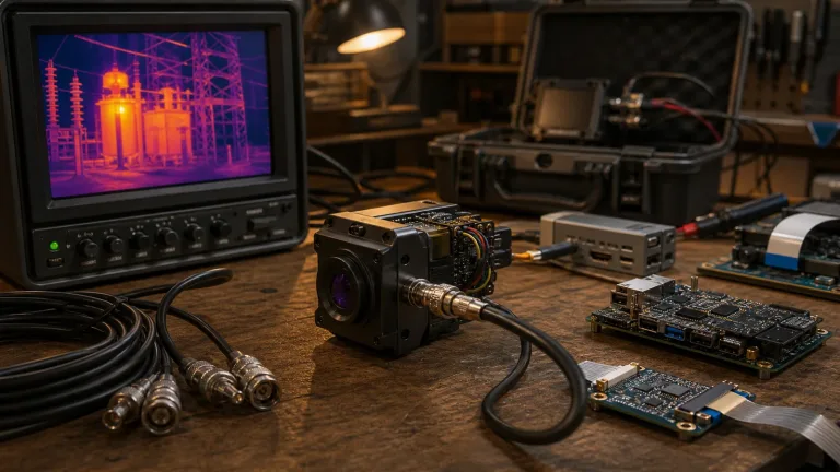 CVBS thermal camera module analog video bench with coax cables, field monitor, and digital interface boards