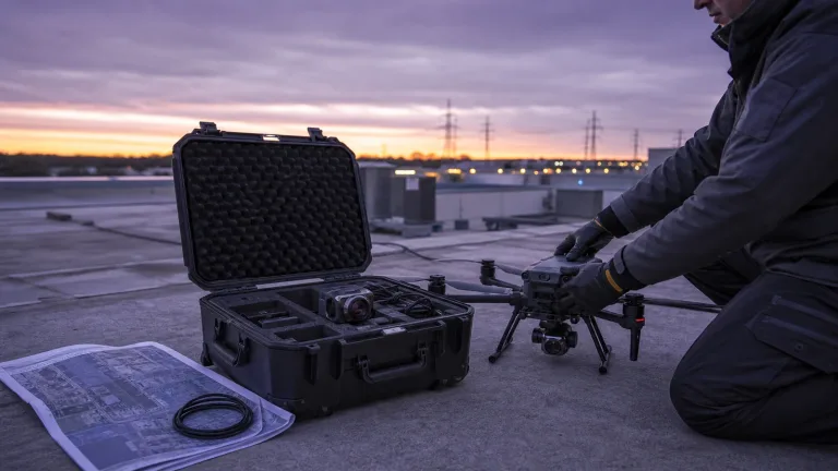 Drone thermal vision preflight planning on a commercial rooftop before dawn