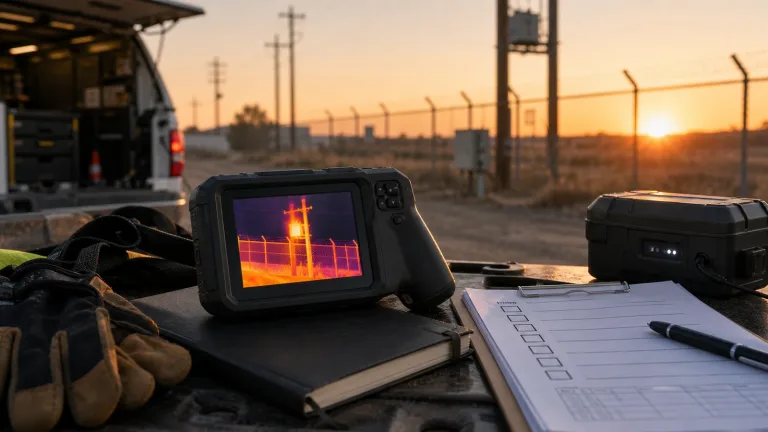 Handheld thermal imaging camera on an outdoor field inspection kit at sunrise