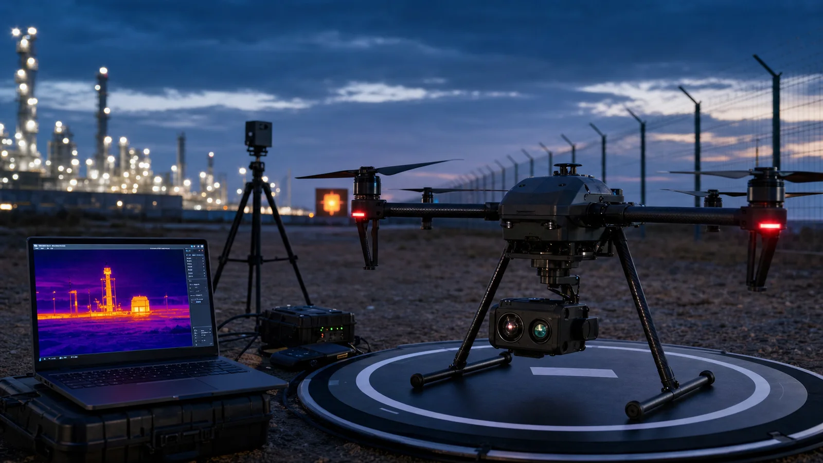 Illustrative industrial inspection test scene Illustrative drone on a landing pad beside a laptop thermal preview at a fenced industrial site at dusk