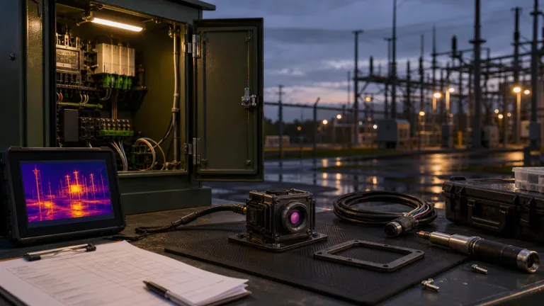 lwir cameras outdoor utility yard RFQ review scene with open service cabinet and compact thermal module