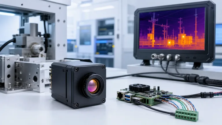 LWIR thermal camera OEM retrofit bench with USB compute board and analog thermal monitor