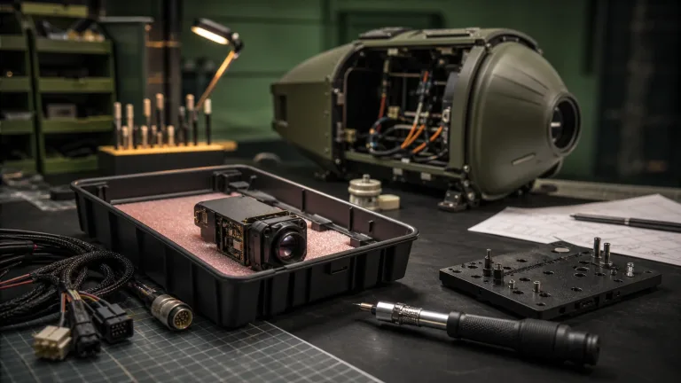 OEM camera production pilot-build bench with thermal module, harnesses, and enclosure review setup