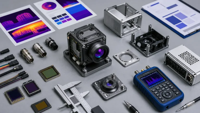 Thermal camera core evaluation table with enclosure parts, connectors, calipers, and RFQ planning materials
