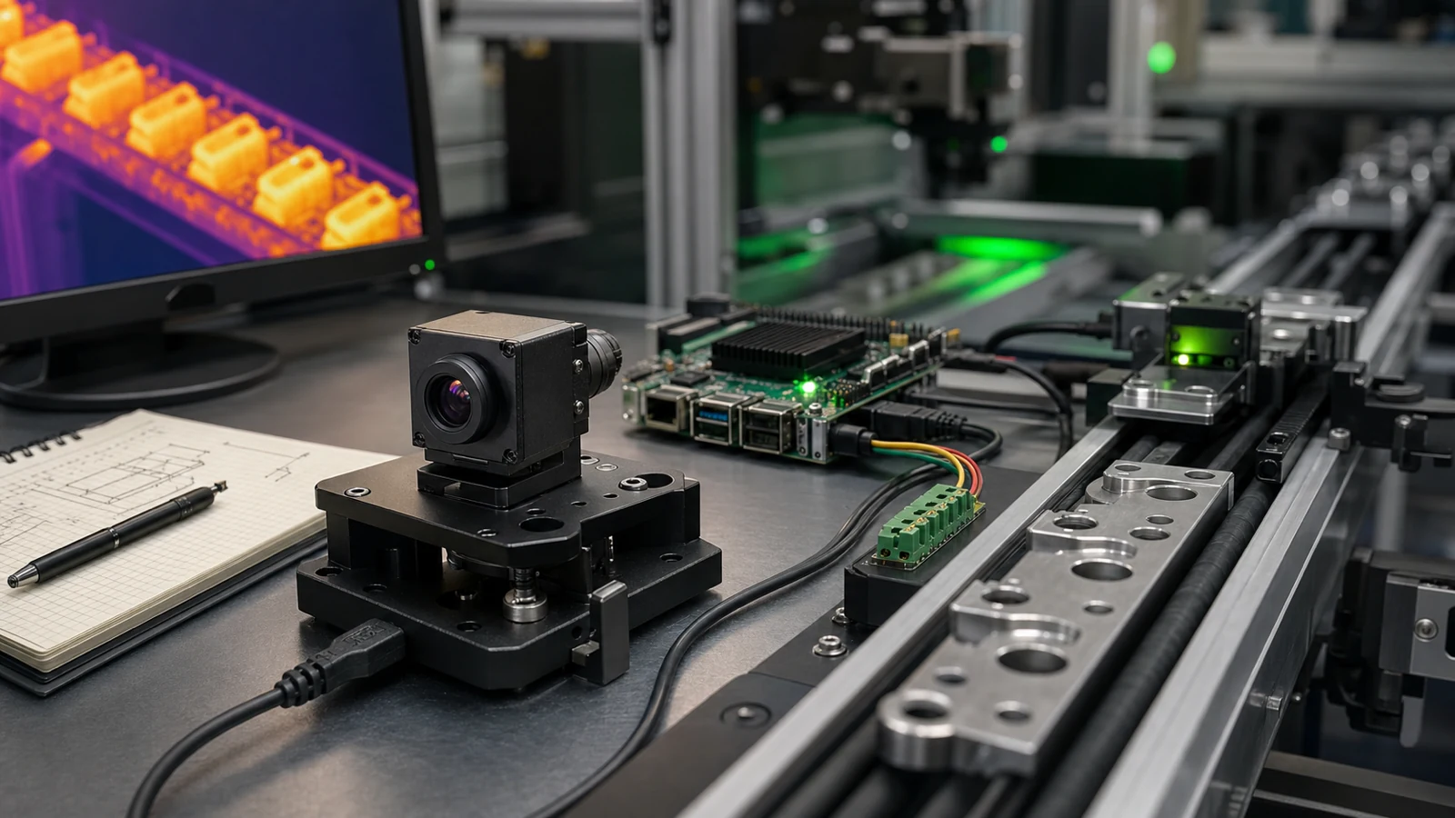 W&auml;rmebildkern montiert in einer graphitgr&uuml;nen Kanteninspektionszelle mit USB- und RS-422-Verkabelung