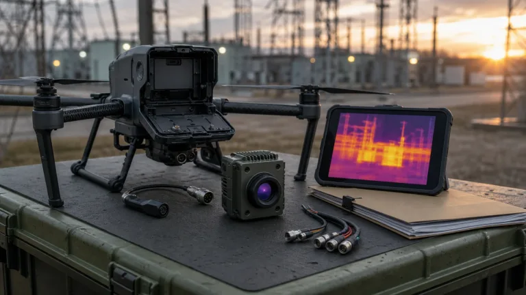 thermal drone camera payload staging table with compact LWIR module and inspection evidence handoff