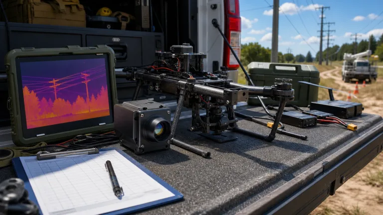 UAV thermal imaging camera field handoff scene with a utility drone payload, compact LWIR module, and daylight inspection workflow