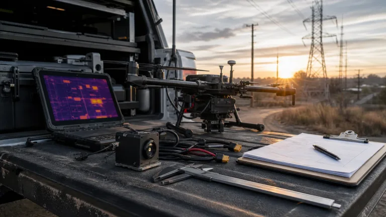 uav thermal imaging preflight review on a utility inspection truck tailgate with thermal payload module and RFQ notes