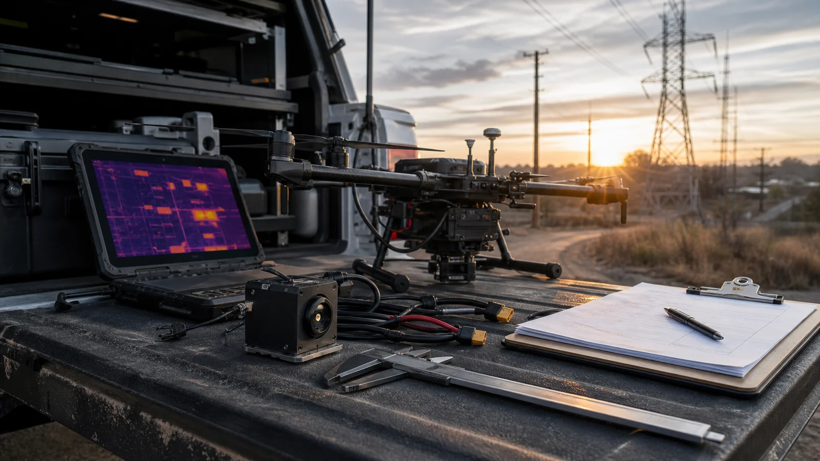 contr&ocirc;le pr&eacute;-vol d'imagerie thermique pour drone sur le hayon d'un v&eacute;hicule d'inspection avec module de charge utile thermique et notes de RFQ