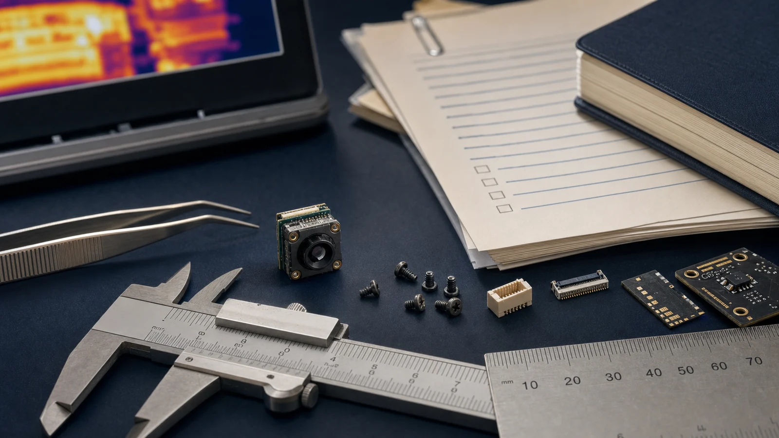 Revisi&oacute;n de RFQ 2024 del n&uacute;cleo o m&oacute;dulo de c&aacute;mara t&eacute;rmica 640x480 m&aacute;s econ&oacute;mico con m&oacute;dulo compacto HR21-L612-USB junto a calibrador y regla m&eacute;trica