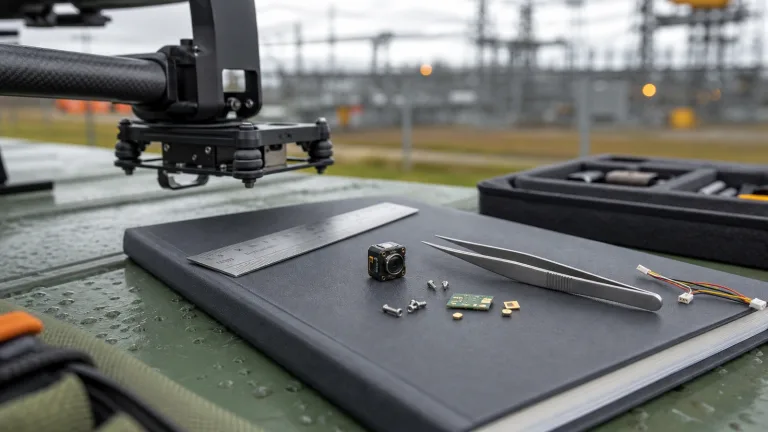 drone thermal imaging payload sample workbench with compact HR21 module beside calipers and metric ruler