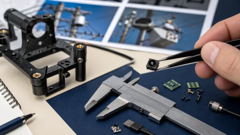 drone with thermal camera price RFQ desk with compact HR21-scale thermal module beside calipers and payload connectors