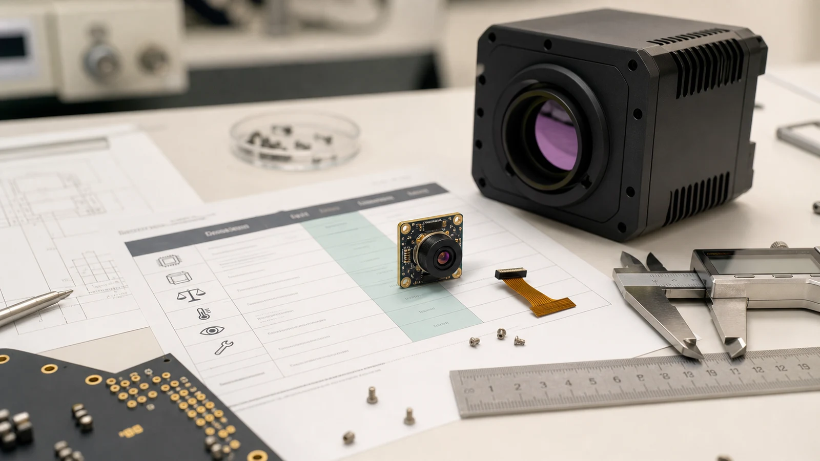 bureau de comparaison de cam&eacute;ras &agrave; c&oelig;ur thermique FLIR A700 avec module compact Camcuda et outils de RFQ