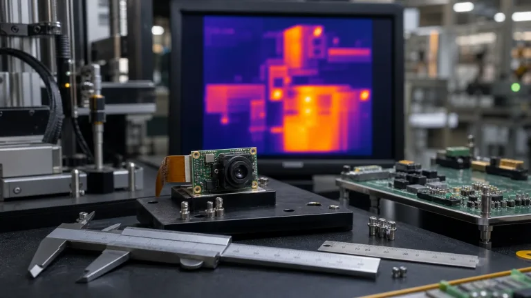 high-accuracy online thermal camera core factory monitoring test bench with compact LWIR core, calipers, connector pads, and live thermal display