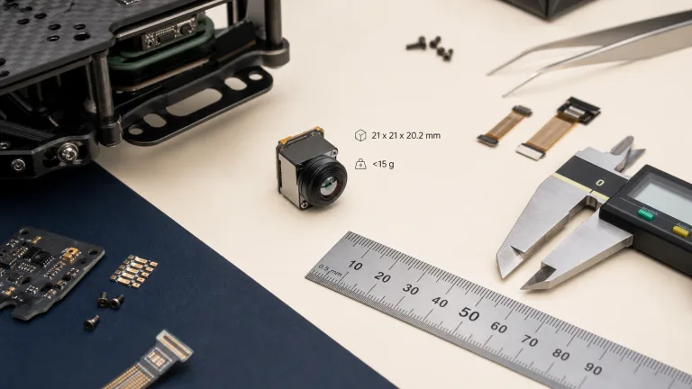 high definition thermal camera core compact HR21 module beside calipers and metric ruler for payload handoff