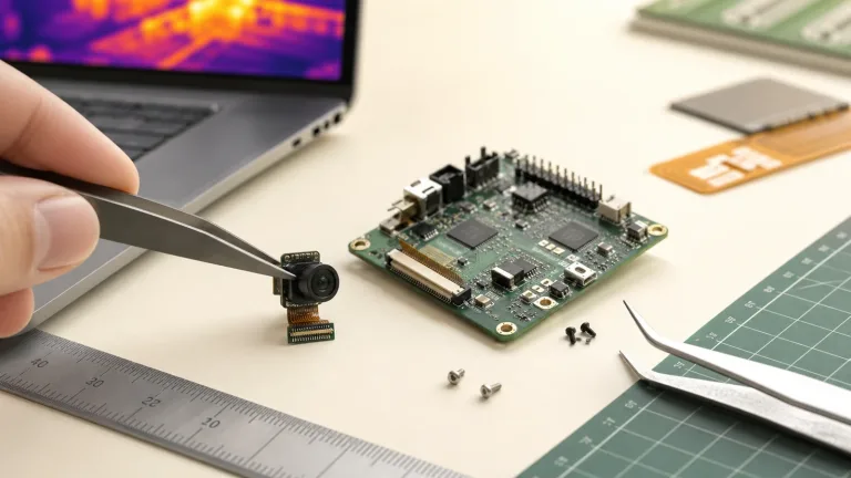 mini online thermal camera core on an OEM host board with FPC connector, tweezers, and metric ruler scale cues