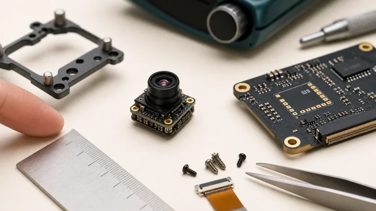 mini thermal camera core on compact electronics bench with ruler, tweezers, FPC connector, micro screws, and PCB scale cues