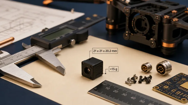 oem cameras compact HR21 thermal module beside calipers with 21 x 21 x 20.2 mm and under 15 g scale callouts