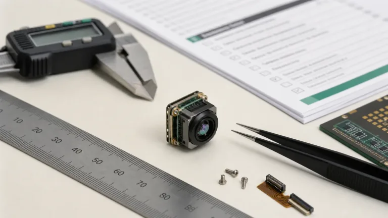 thermal camera that can measure core body temp RFQ bench with compact HR21 module, calipers, ruler, tweezers, micro screws, and connector scale cues