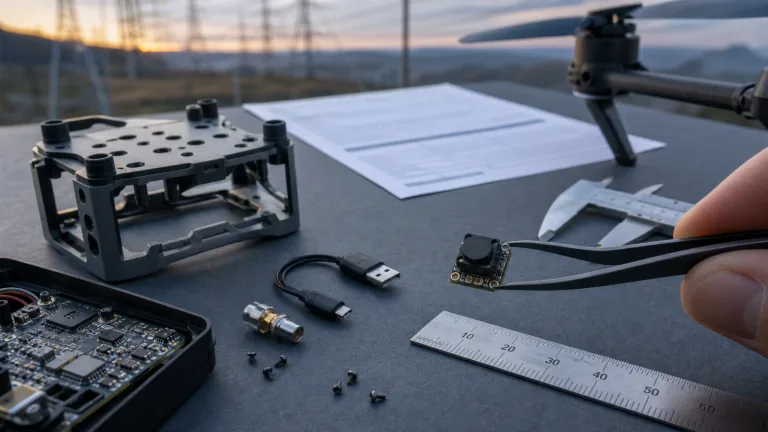thermal drone for sale cover with tiny HR21-scale LWIR module held by tweezers beside calipers
