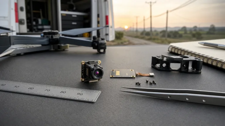 thermal drone compact HR21-L612-USB module beside ruler tweezers micro screws and utility payload bracket