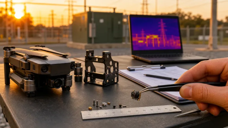thermal drones for sale buyer comparing compact HR21 thermal module with drone payload bracket at utility-yard demo