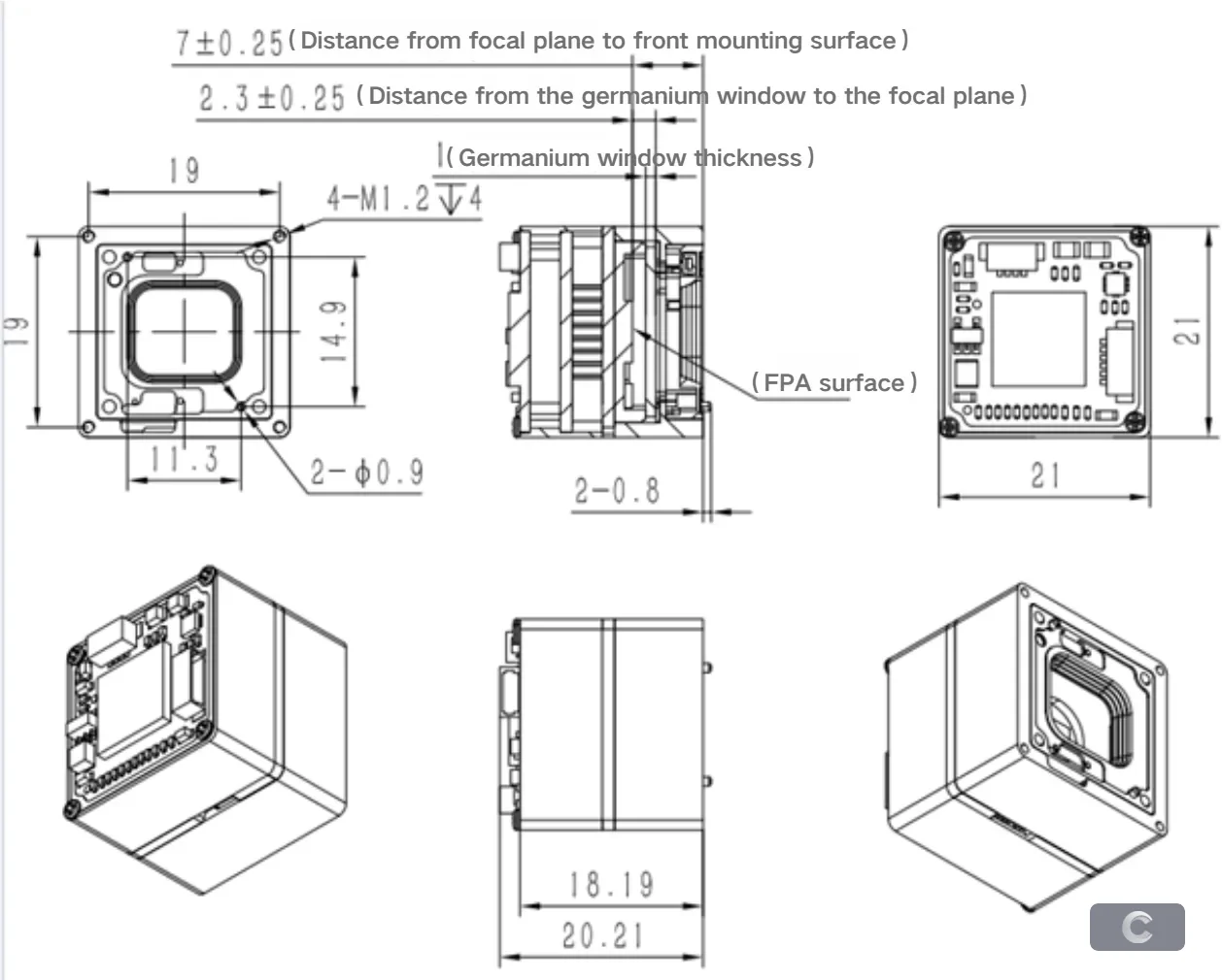 Desenho de dimensões mecânicas do módulo de imagem térmica LWIR não refrigerado 640×512 HR21-L612-USB