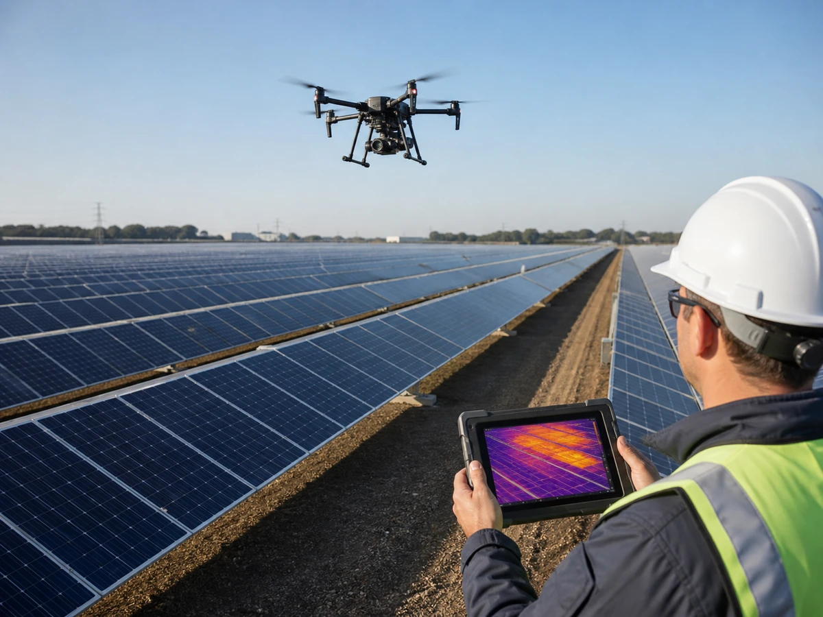 Drone solar thermal inspection application Thermal drone inspecting a solar farm with an engineer reviewing thermal imagery