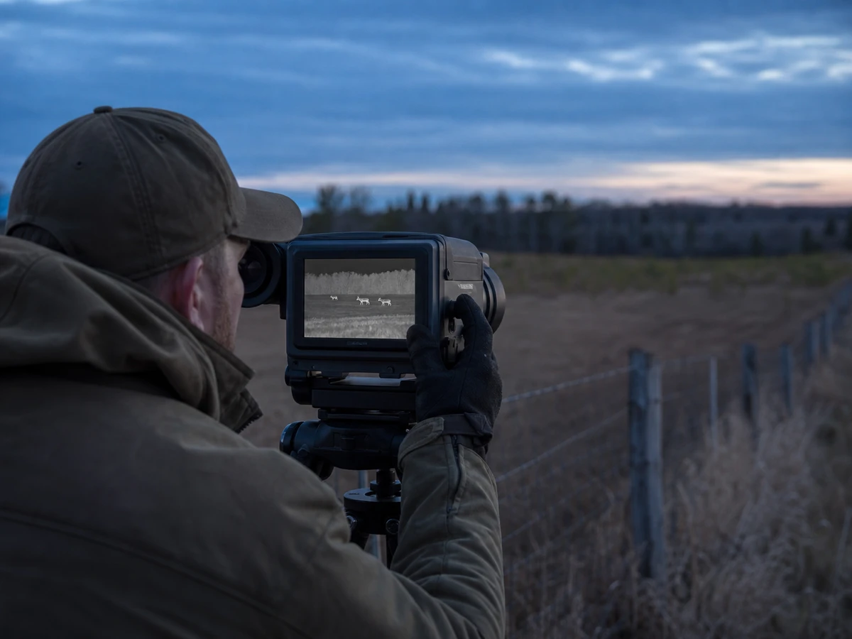 Outdoor field thermal imaging application Field operator using thermal imaging for outdoor monitoring at dusk