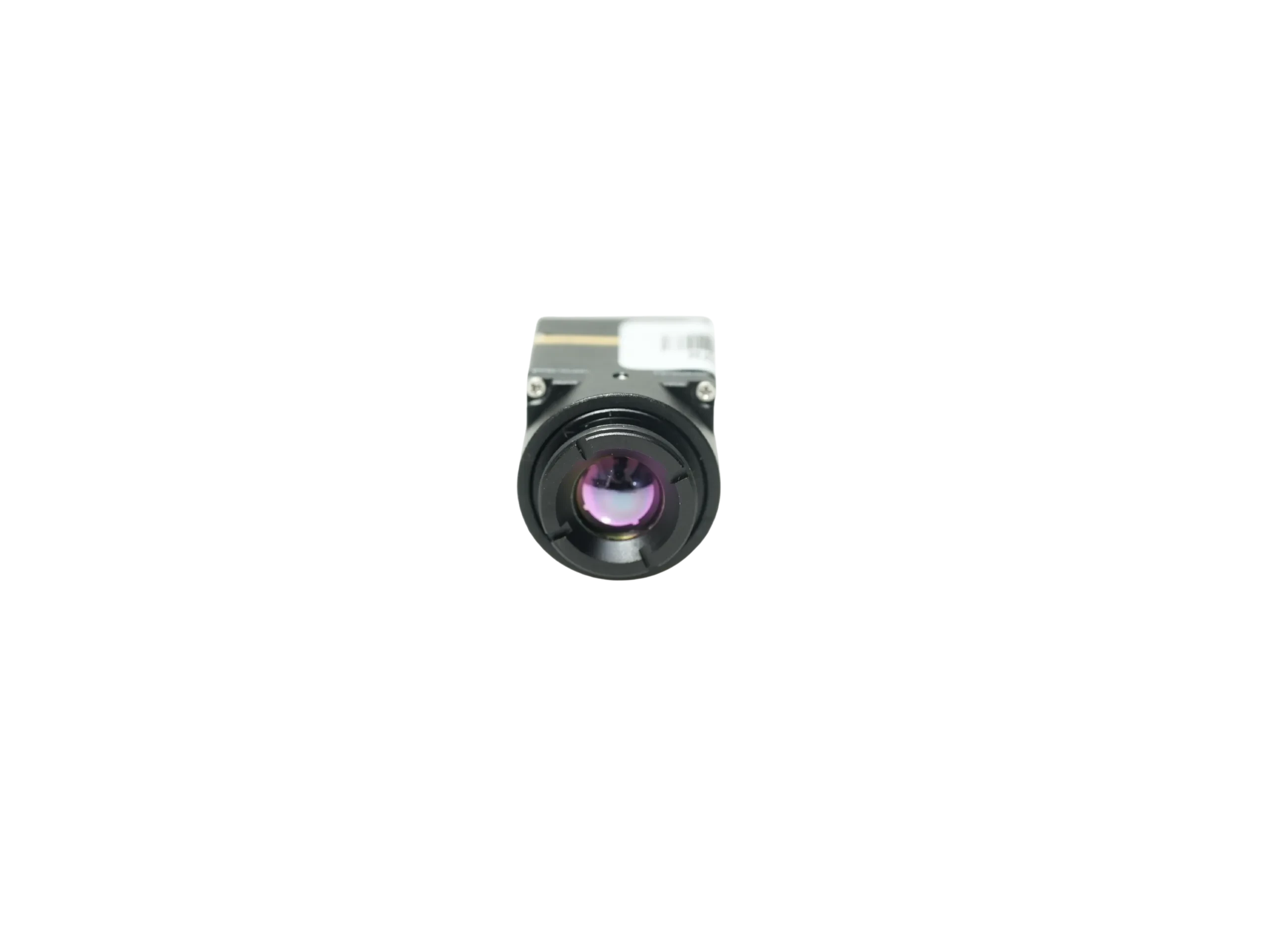 Illustrative camera module front view Illustrative front view of a gray metal camera module with purple-tinted front glass