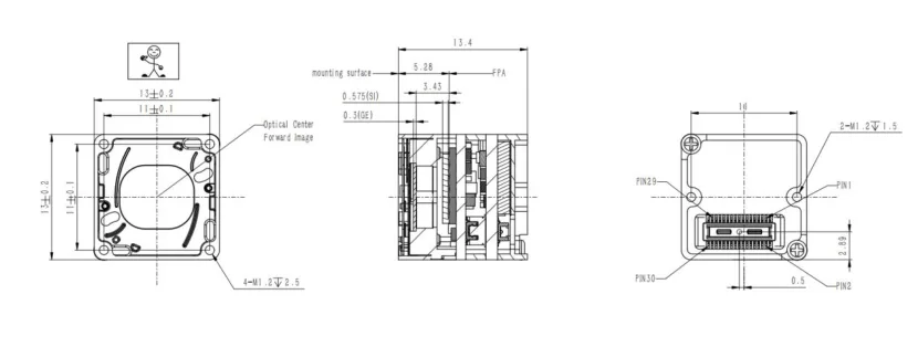 SuperMini V1.0.0 bare-core mechanical drawing SuperMini bare-core dimensions and mounting drawing without lens or expansion board