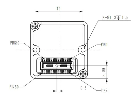 SuperMini V1.0.0 30-pin core-interface orientation SuperMini 30-pin core connector drawing with pin 1, 2, 29 and 30 positions